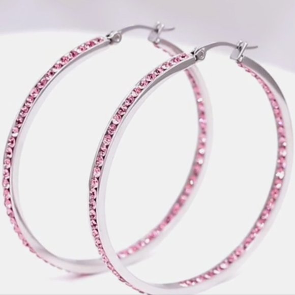 Pink Rhinestone Silver Hoop Earrings Crystal Channel Hoops Sparkling Rhinestones - Picture 8 of 14